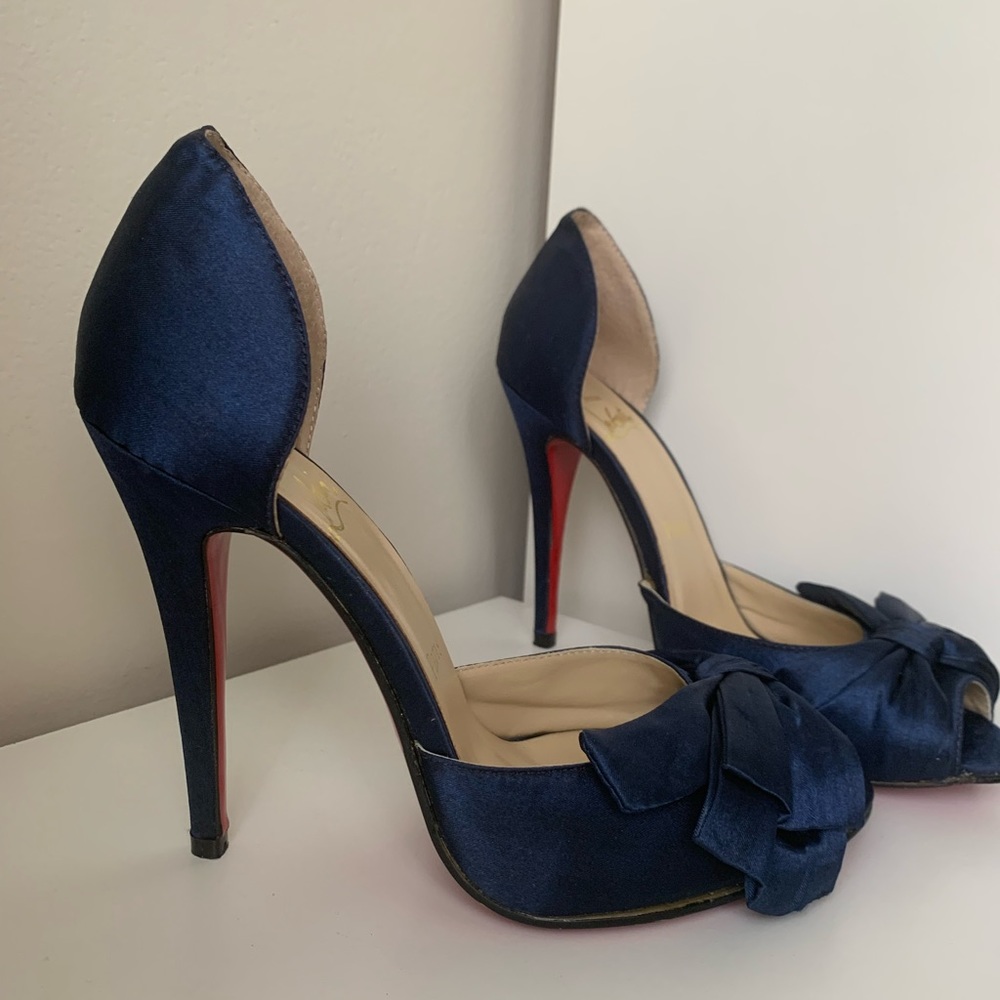 Christian Louboutins satin bow peep toe
